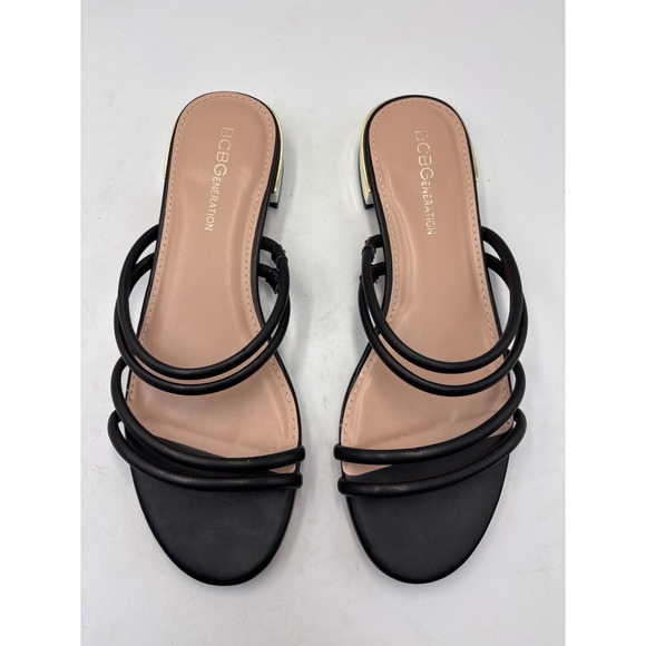 BCBG NWOT Black Strappy Flats‎ Slides Sandals Gold Metallic Heel, Size 7.5 - Picture 1 of 6